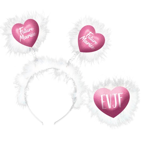 Serre-tête avec coeurs Future Mariée et badge EVJF chez Festimania