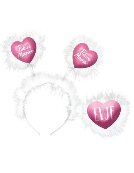 Serre-tête avec coeurs Future Mariée et badge EVJF chez Festimania