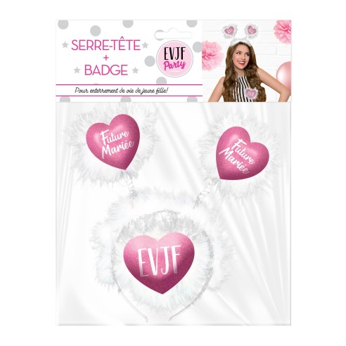 Serre-tête avec coeurs Future Mariée et badge EVJF chez Festimania