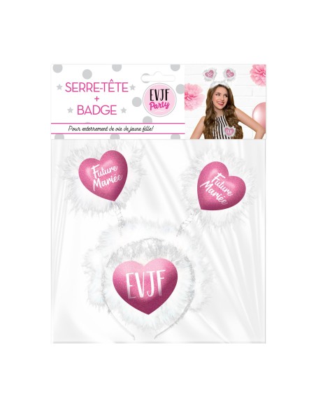Serre-tête avec coeurs Future Mariée et badge EVJF chez Festimania