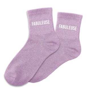 Chaussettes paillettes lavande avec le mot "Fabuleuse" inscrit