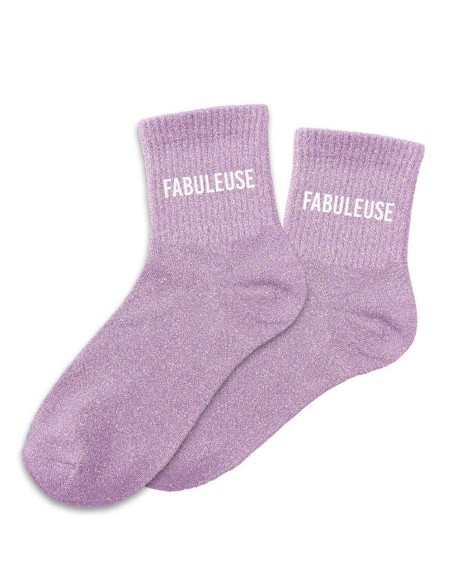 Chaussettes paillettes lavande avec le mot "Fabuleuse" inscrit