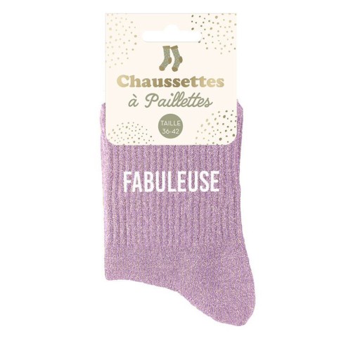 Chaussettes paillettes lavande avec le mot "Fabuleuse" inscrit
