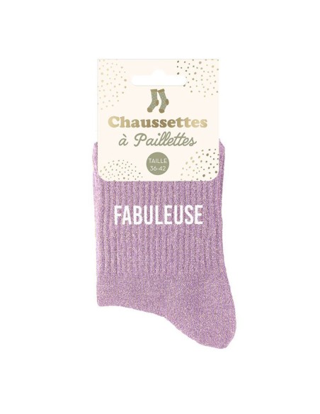 Chaussettes paillettes lavande avec le mot "Fabuleuse" inscrit