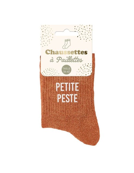 Chaussettes paillettes couleur corail avec le texte "Petite Peste"