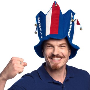 Chapeau de bouffon à grelots tricolore bleu blanc rouge pour supporter