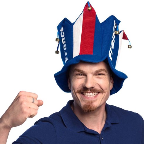 Chapeau de bouffon à grelots tricolore bleu blanc rouge pour supporter