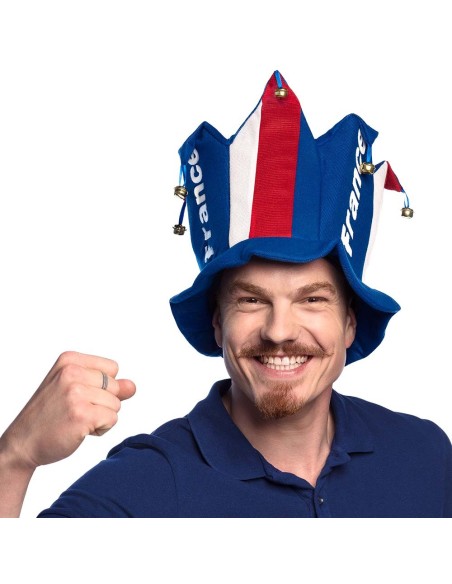 Chapeau de bouffon à grelots tricolore bleu blanc rouge pour supporter