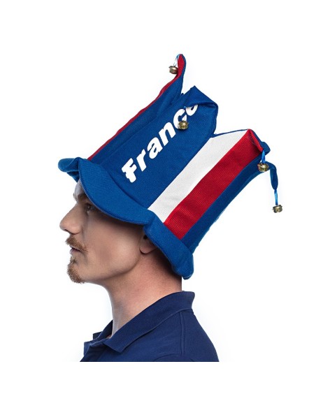 Chapeau de bouffon à grelots tricolore bleu blanc rouge pour supporter