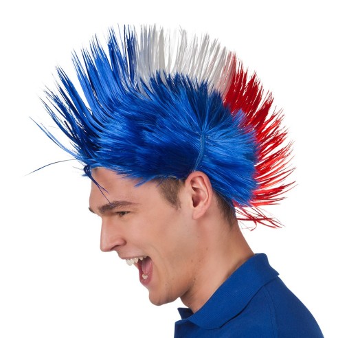Perruque punk bleu blanc rouge pour supporter de l'équipe de France