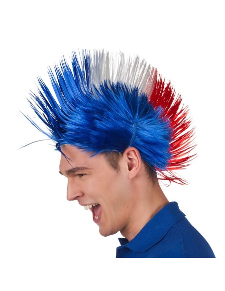 Perruque punk bleu blanc rouge pour supporter de l'équipe de France
