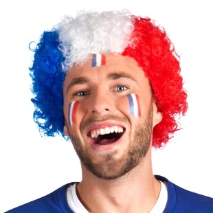 Perruque frisée tricolore bleu blanc rouge pour supporter la France