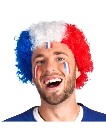 Perruque frisée tricolore bleu blanc rouge pour supporter la France
