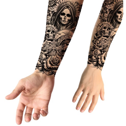 Faux tatouages de bras ou jambe thème religion et têtes de mort