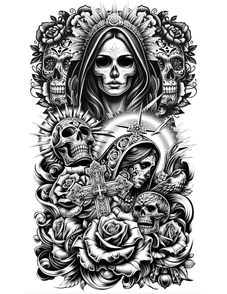 Faux tatouages de bras ou jambe thème religion et têtes de mort