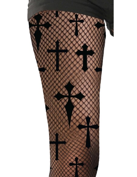 Collant résille noir avec motifs de croix