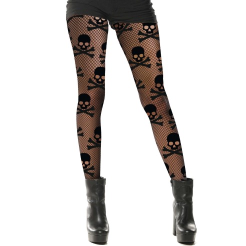 Collant résille noir avec motifs têtes de mort