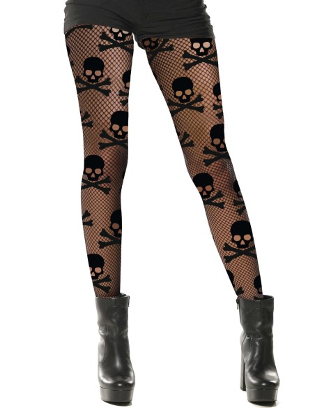 Collant résille noir avec motifs têtes de mort