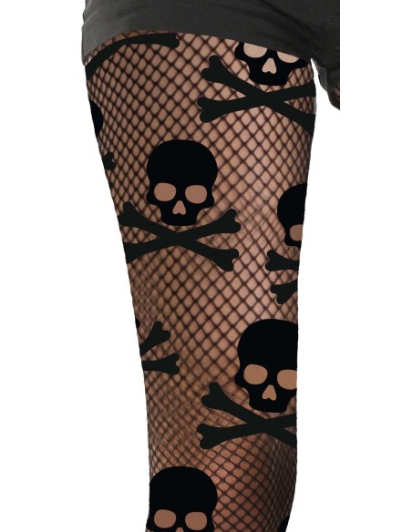 Collant résille noir avec motifs têtes de mort