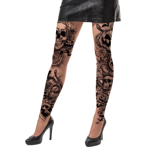 Collant tatouage avec citrouilles et têtes de mort