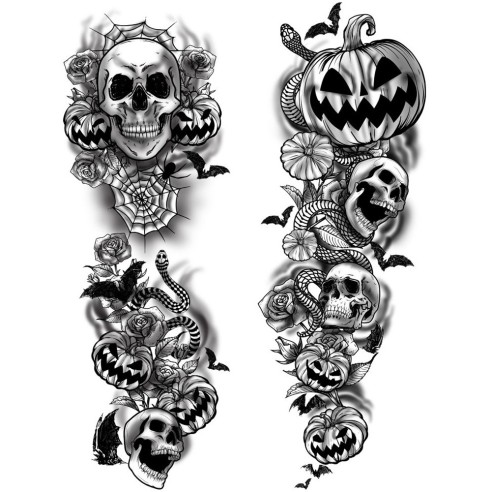 Collant tatouage avec citrouilles et têtes de mort