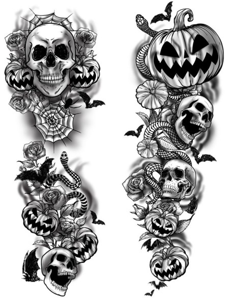 Collant tatouage avec citrouilles et têtes de mort