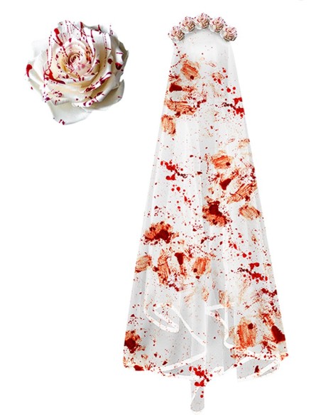 Serre-tête roses blanches avec voile taché de sang