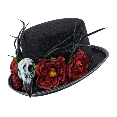 Chapeau vaudou avec crâne vautour et fleurs