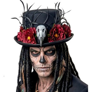 Chapeau vaudou avec crâne vautour et fleurs