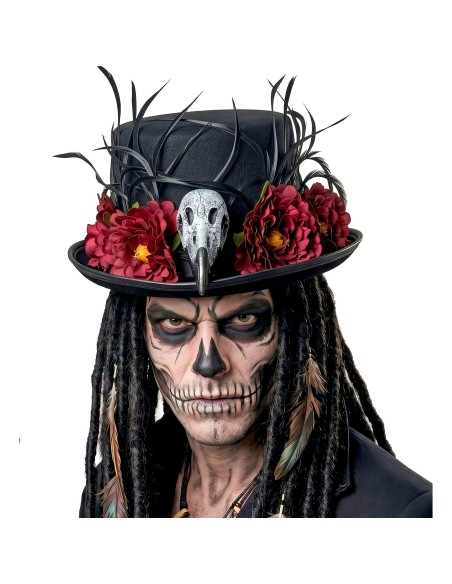Chapeau vaudou avec crâne vautour et fleurs