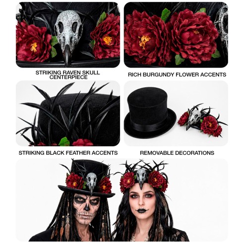 Chapeau vaudou avec crâne vautour et fleurs