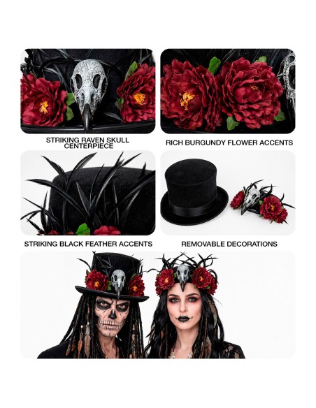 Chapeau vaudou avec crâne vautour et fleurs