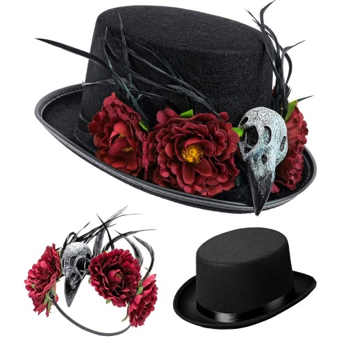 Chapeau vaudou avec crâne vautour et fleurs
