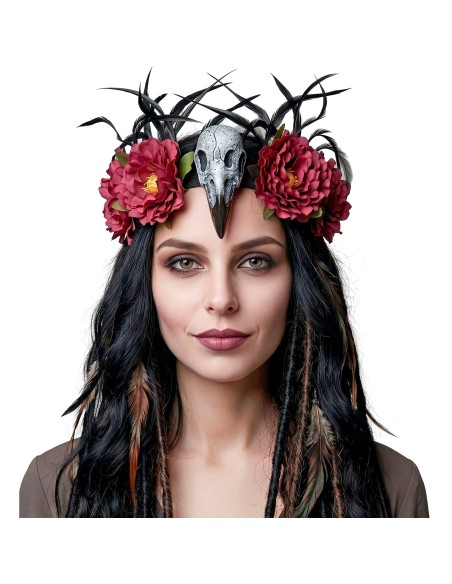 Chapeau vaudou avec crâne vautour et fleurs