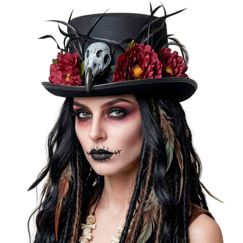 Chapeau vaudou avec crâne vautour et fleurs