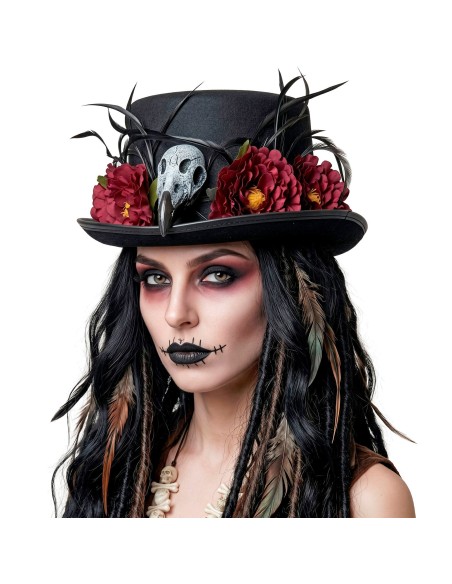 Chapeau vaudou avec crâne vautour et fleurs