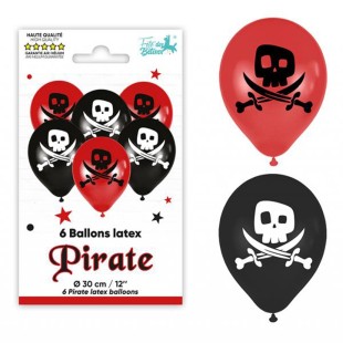 6 ballons thème pirate rouges et noirs avec tête de mort