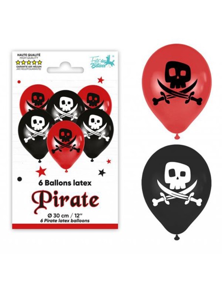 6 ballons thème pirate rouges et noirs avec tête de mort