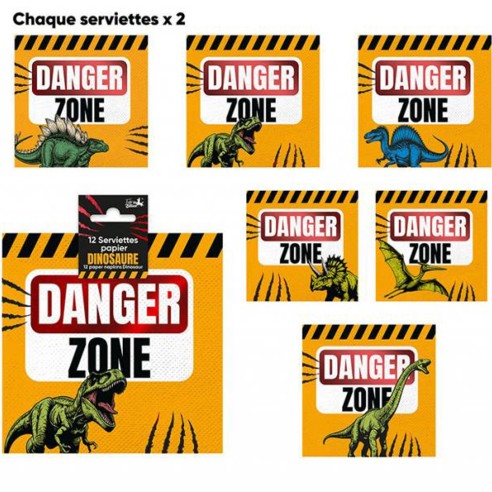 12 serviettes thème dinosaure imprimée danger zone pour enfants