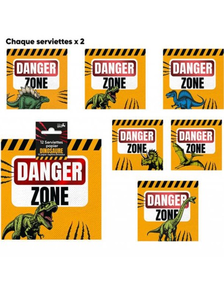 12 serviettes thème dinosaure imprimée danger zone pour enfants