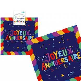 12 serviettes Joyeux Anniversaire multicolore