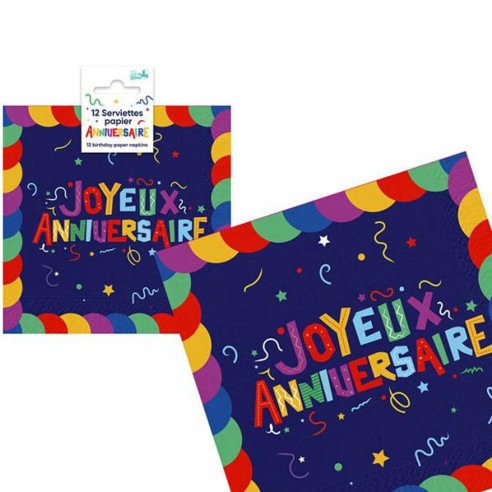 12 serviettes Joyeux Anniversaire multicolore
