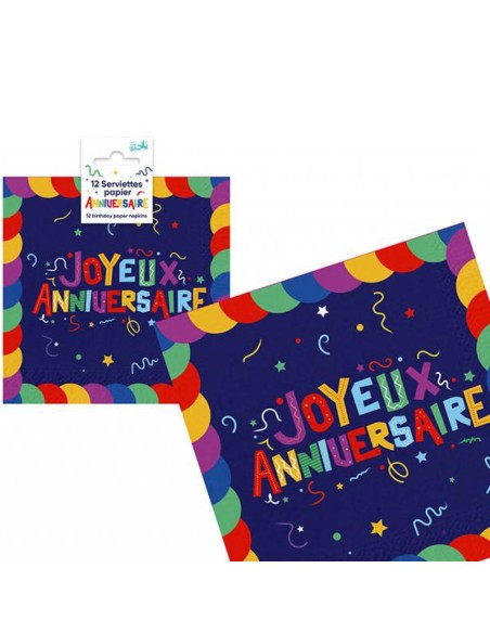 12 serviettes Joyeux Anniversaire multicolore