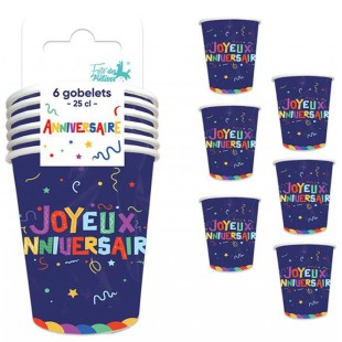 6 gobelets Joyeux Anniversaire multicolore