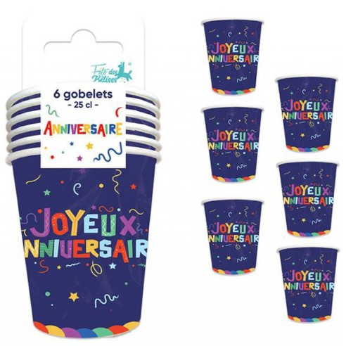 6 gobelets Joyeux Anniversaire multicolore