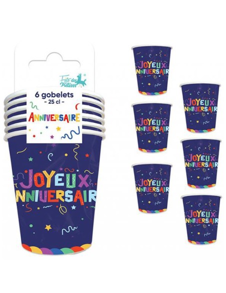 6 gobelets Joyeux Anniversaire multicolore