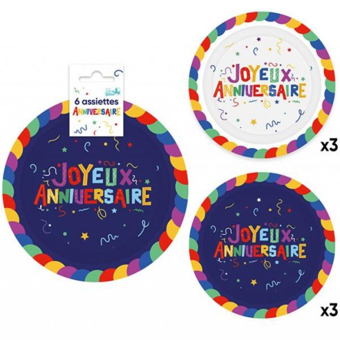 6 assiettes Joyeux Anniversaire multicolore