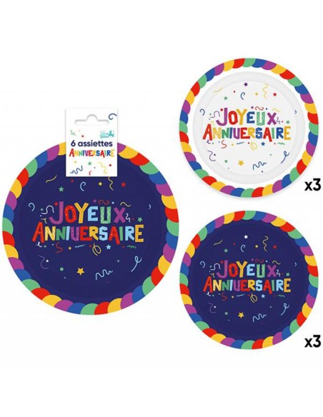 6 assiettes Joyeux Anniversaire multicolore
