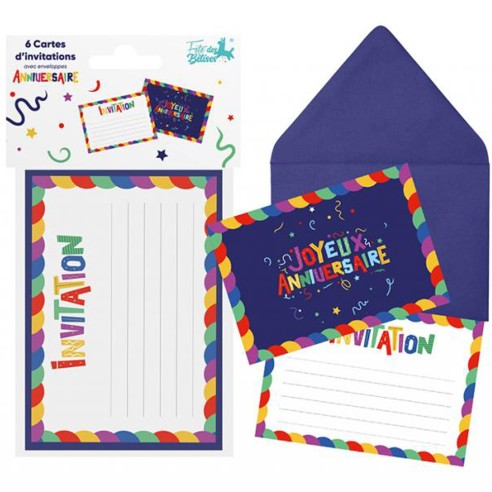 6 cartons d'invitation Joyeux Anniversaire multicolore