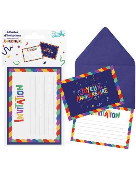 6 cartons d'invitation Joyeux Anniversaire multicolore